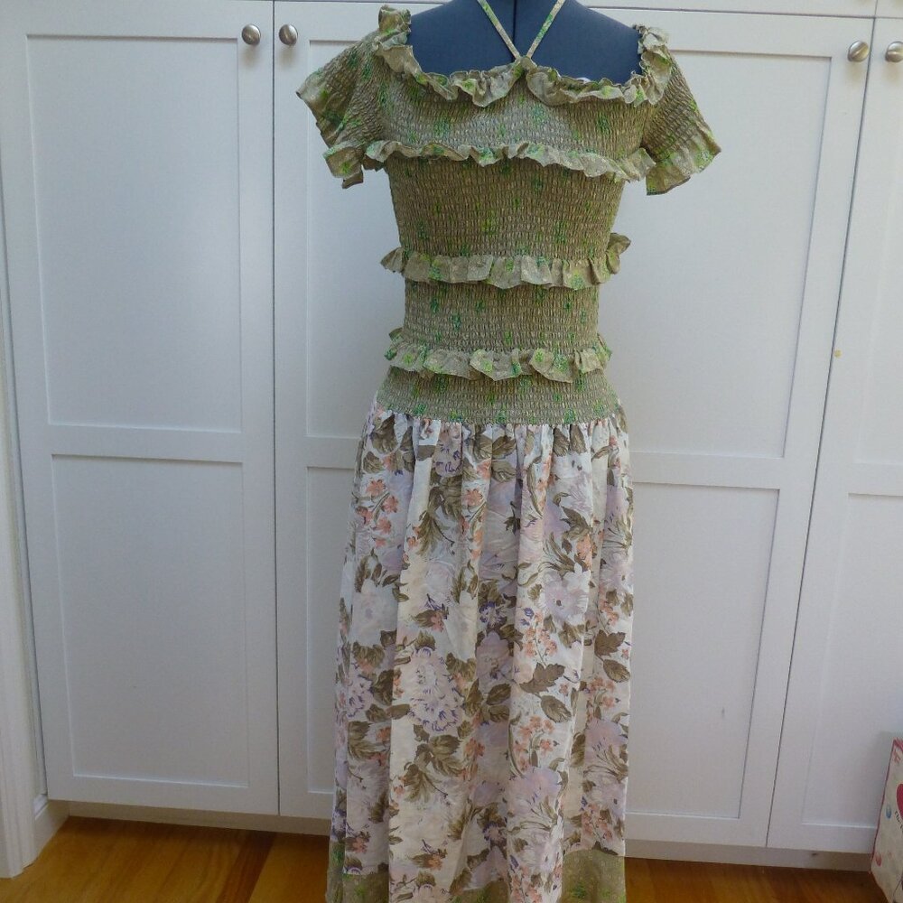 EUC Rebecca Taylor ruflle floral 100% maxi silk dress size 10 Boho Feminine